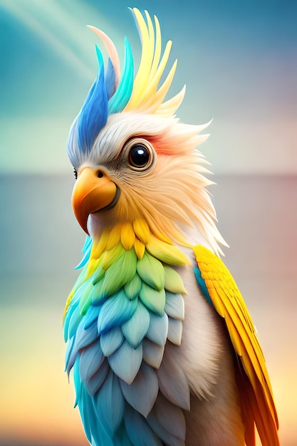 A colorful bird with a yellow and blue head and a black eye.