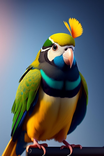 A colorful bird with a yellow crown on its head