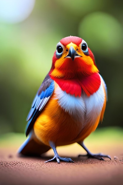 A colorful bird with a yellow head and blue eyes is sitting on a branch.