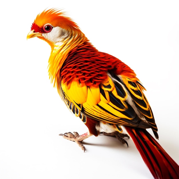 A colorful bird with yellow and red feathers is standing on a white background.