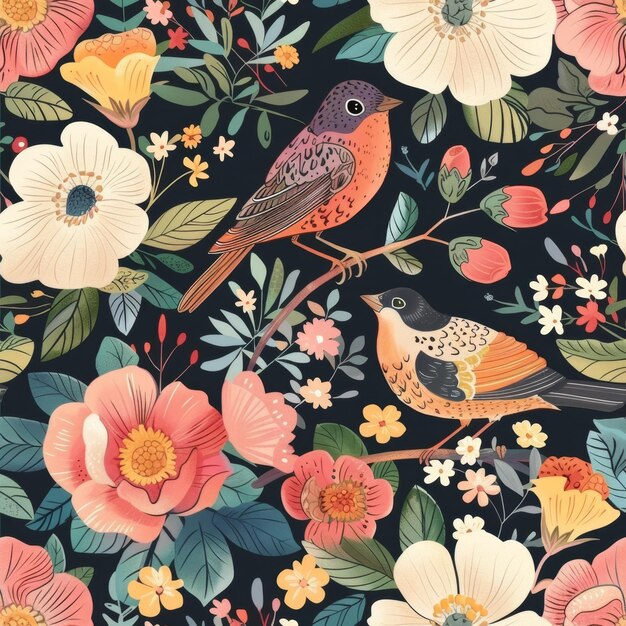 Photo colorful birds and floral patterns on dark background