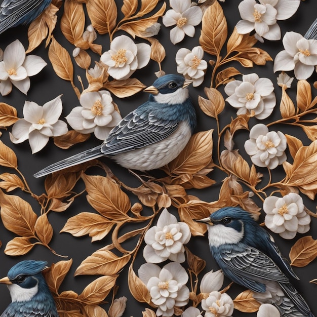 colorful birds flowers and autumn leaves pattern