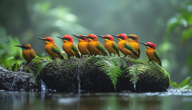 Photo colorful birds on a mossy rock by a stream