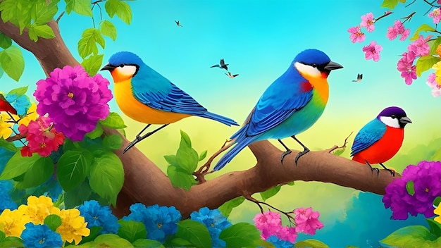 Colorful Birds In Nature Scene