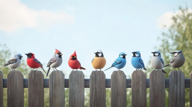 Photo colorful birds perched on a rustic wooden fence enjoying a sunny day in a beautiful natural setting