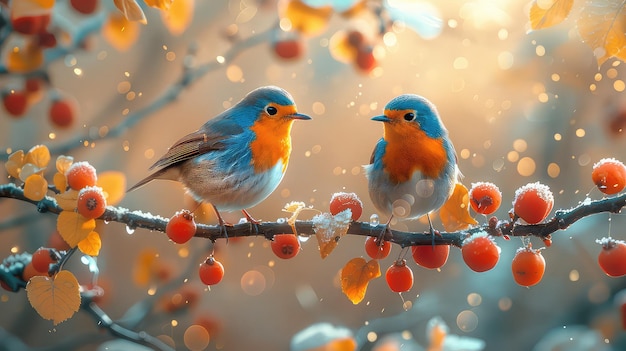 Colorful birds sitting on a twig playing with feathers open