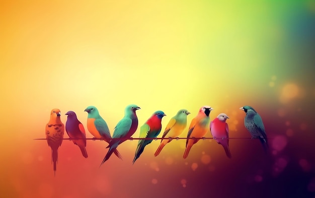 Colorful birds on a wire with a yellow background