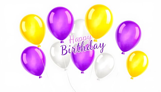 Photo colorful birthday balloons in purple yellow and white modern wallpaper isolated with white