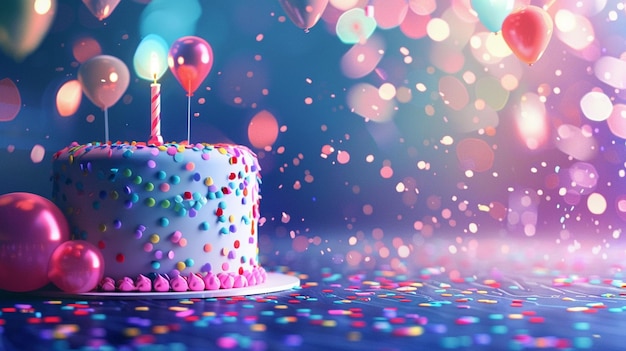 Colorful Birthday Cake and Balloons on Table Festive Background