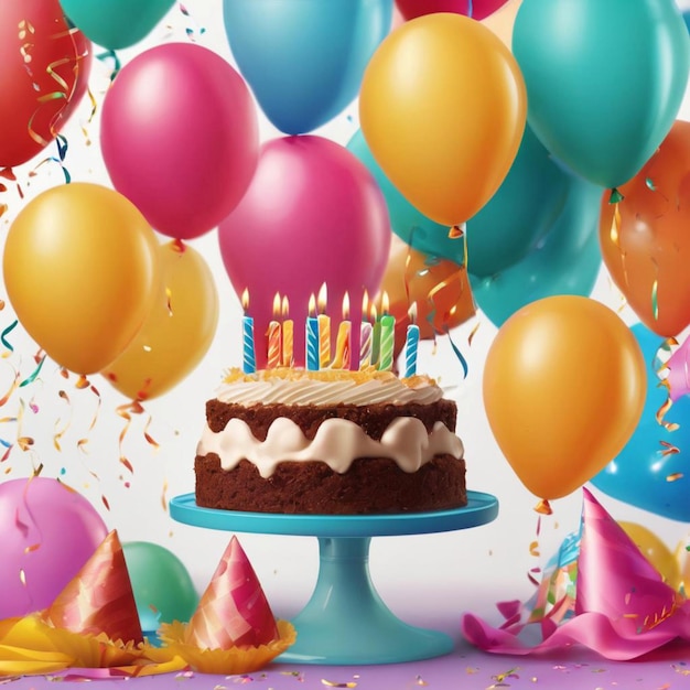 A colorful birthday cake covered in candles and surrounded by festive balloons