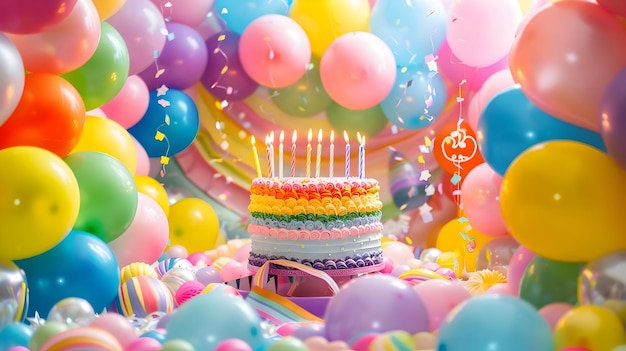 Colorful Birthday Cake Surrounded by Vibrant Rainbow BalloonsLit Candles Waiting to be Blown