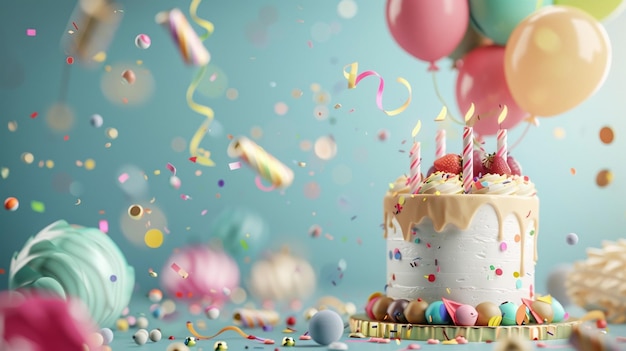 Colorful Birthday Cake with Balloons and Confetti Festive Background