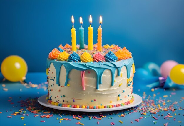 Colorful birthday cake with candles on blue background