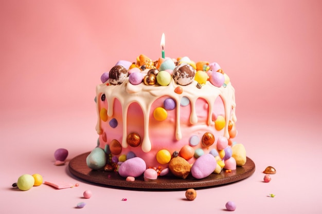 Colorful Birthday Cake with Frosting and Candy on Pastel Pink Background