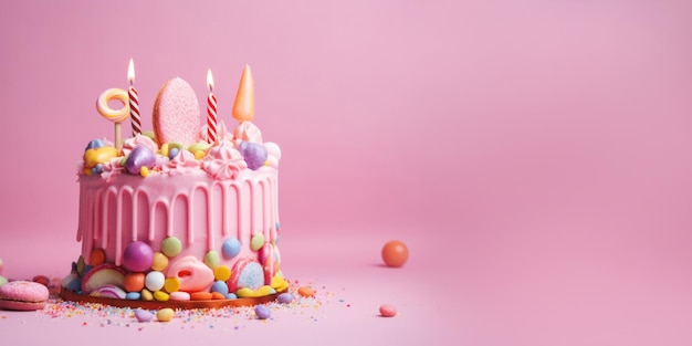 Colorful Birthday Cake with Frosting and Candy on Pastel Pink Background