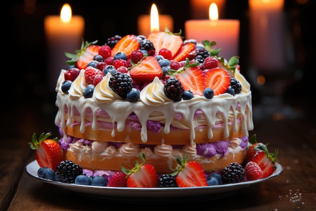 Colorful birthday cake with fruits and candles generative IA