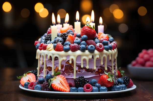 Colorful birthday cake with fruits and candles generative IA