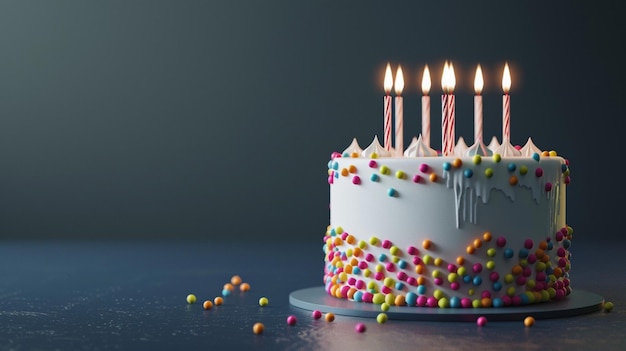 Colorful Birthday Cake with Lit Candles and Sprinkles