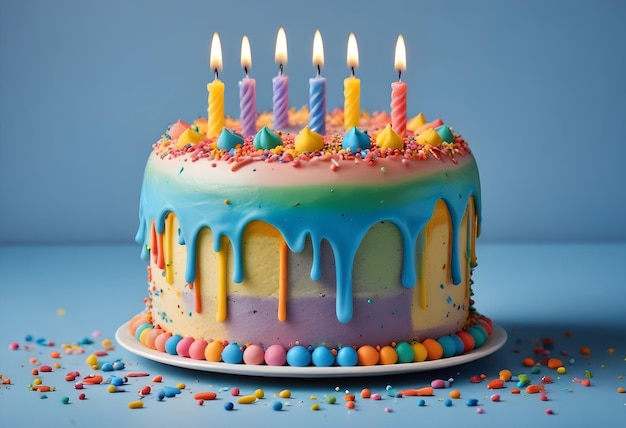 Colorful birthday cake with rainbow icing and candles