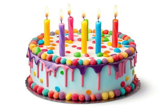 Colorful birthday cake with six lit candles