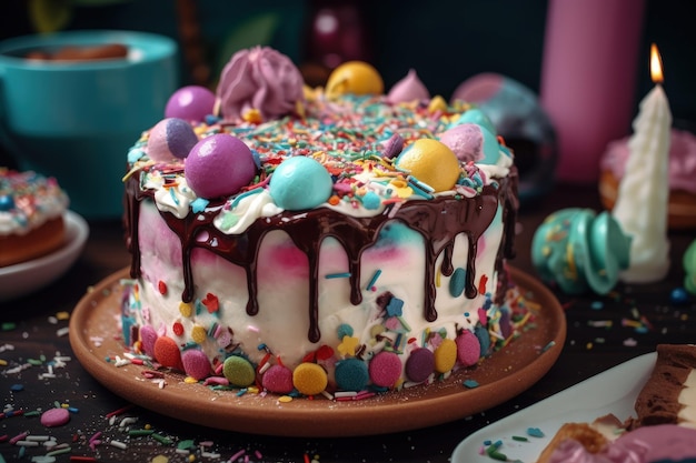 Colorful birthday cake with so many toppings and candles Delicious cake with chocolate cream and colorful icing Birthday celebration element and dessert on a dark table Generative AI