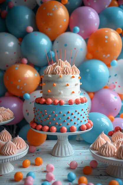 Colorful birthday cake with sprinkles and balloons