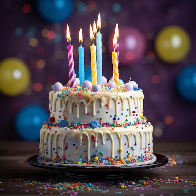 Colorful birthday cake with sprinkles and candles