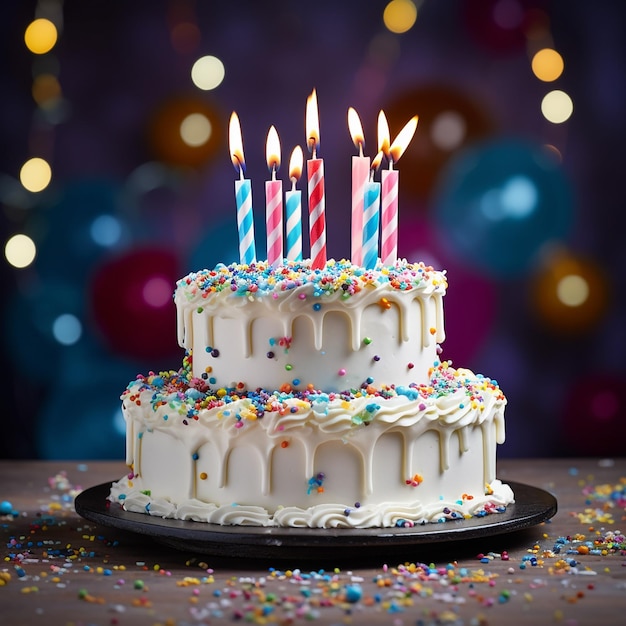 Colorful birthday cake with sprinkles and candles