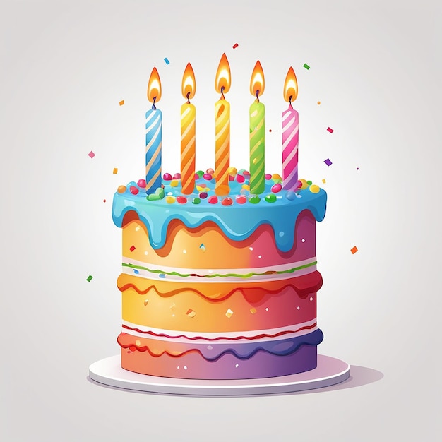 A colorful birthday cake with three lit candles on a light white background