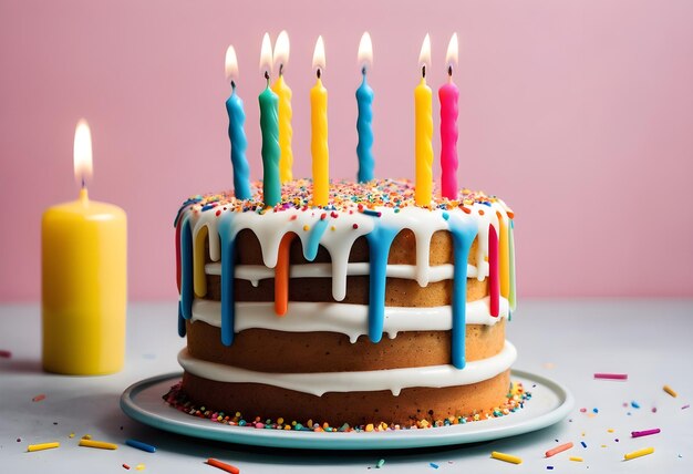 Colorful birthday cake with white icing sprinkles and candles