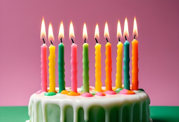 Colorful birthday candles on green background with white icing