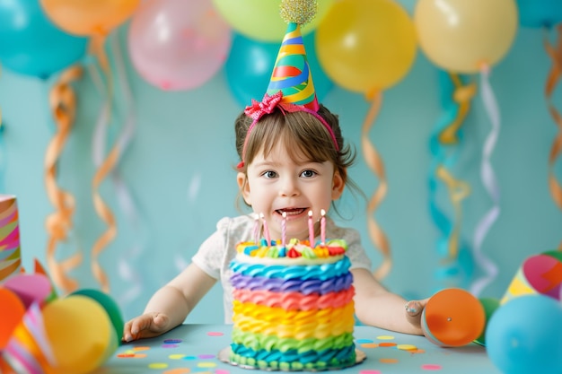 Photo colorful birthday festivities child with cake streamers on a soft blue background ideal for joyful events