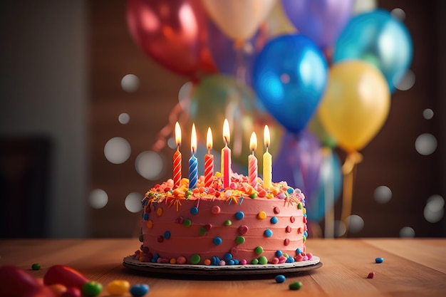 Colorful Birthday Party Balloons And Cake With Candles