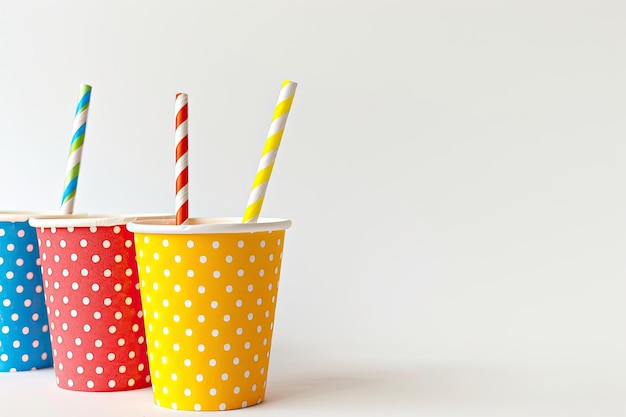 Photo colorful birthday party cups with straws on white background