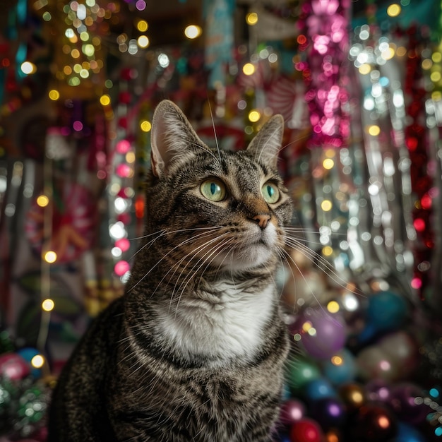 Photo colorful birthday party scene with cat and decorations