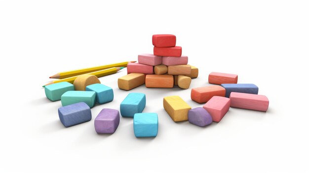 Photo colorful blocks and pencils piled on white background on a white or clear surface png transparent background