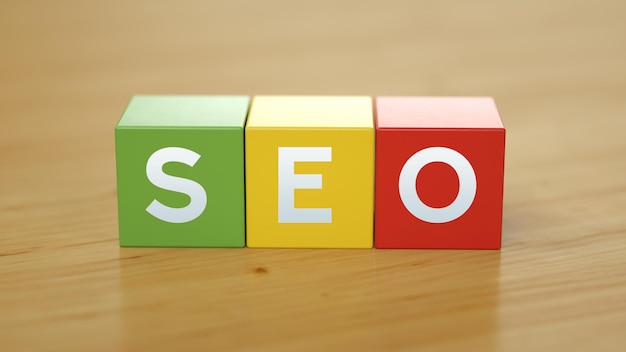 Colorful blocks with the word seo on them