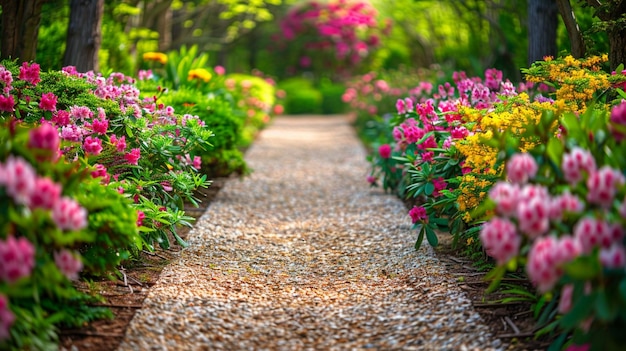 Colorful Blooming Bushes Along Spring Garden Path