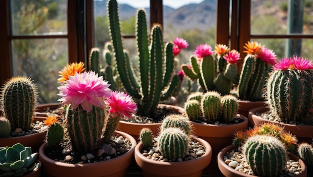 Colorful blooming cacti on the windowsill