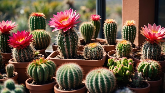 Colorful blooming cacti on the windowsill