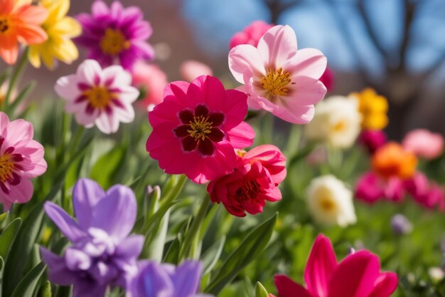 Photo colorful blooming flowers in spring garden