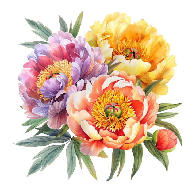 Colorful blooming peony bouquet watercolor painting hand drawn isolated botanical floral design