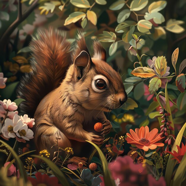 Photo colorful blooms surround happy squirrel moments found