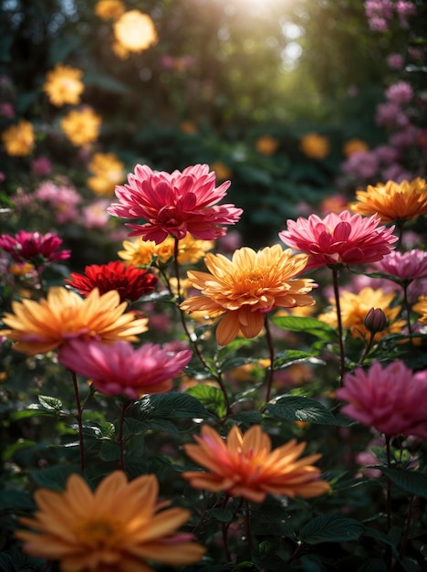 Colorful Blossoming Flowers in Sunny Garden