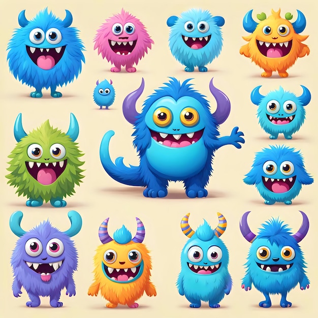 Photo colorful blue cute monster character design for illustration