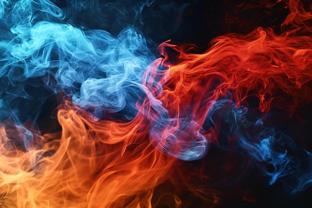 Colorful blue orange and red smoke on a black background Background from the smoke of vape