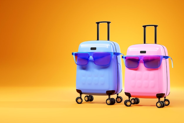 Colorful blue and pink suitcases or luggage in colorful glasses on a yellow background 3D rendering of the concept of summer holidays and holidays