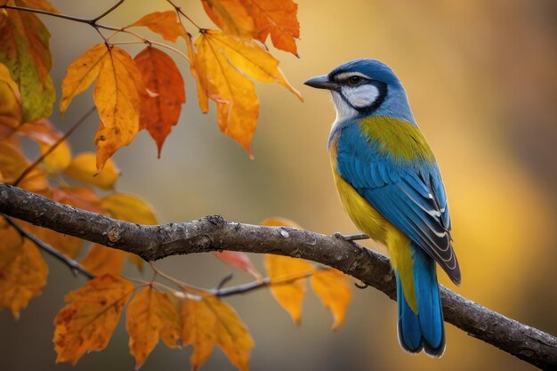 Colorful blue tit bird on an autumn branch