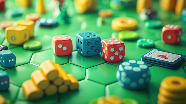 Photo colorful board game elements scattered across a gaming table