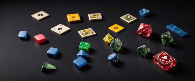 Photo colorful board game pieces and dice on a black background for game night fun